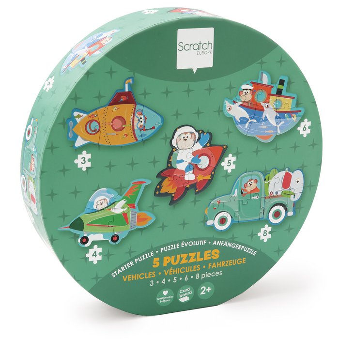 Scratch | 5 in 1 puzzelset voertuigen - 3-4-5-6-8 stukken (2+)